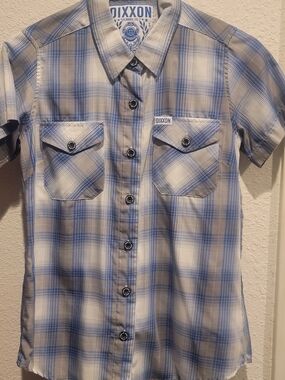 DIXXON WOMANS Blue & Gray Plaid Flannel Shirt with Branded Chest Label SIZE SMAL